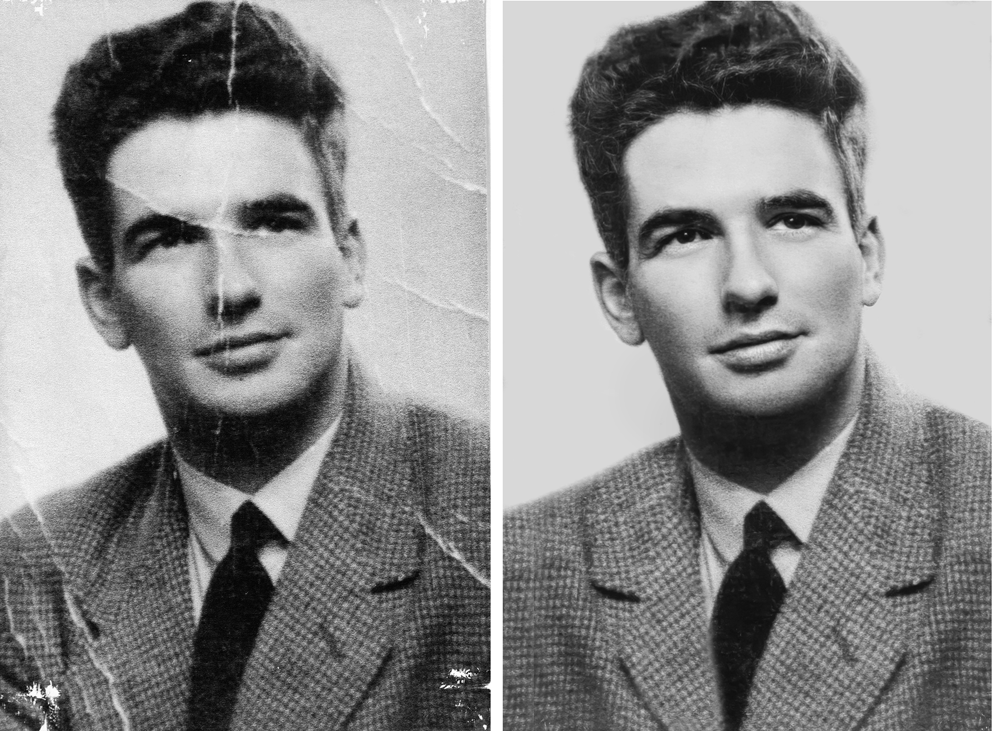 Before and after comparison of historical photo restoration
